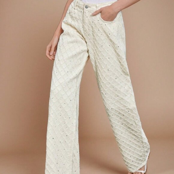 Casual Women's Wide Leg Textured Fringe Detail Palazzo denim  Pants - Picture 1 of 6